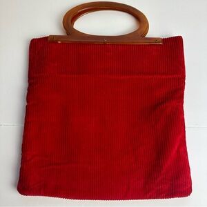 Vintage 70s Corduroy Purse Handbag With Oval Handle Red Green Handmade